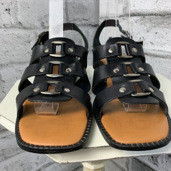Vintage 90s Fishermans Sandals Black Leather Square Toe Low Block Heel - Picture 3 of 11